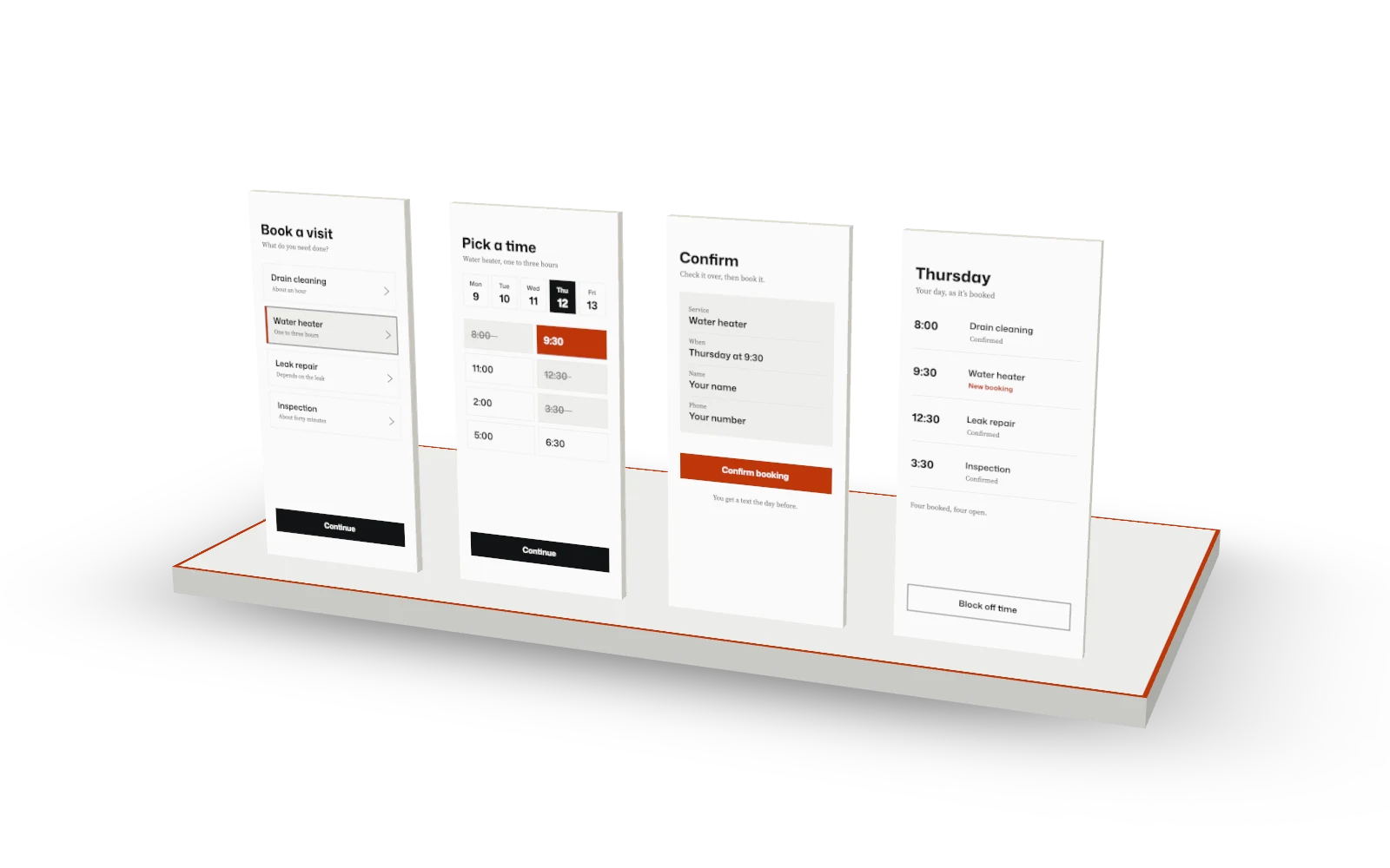 A white scale model of a booking app: four phone screens standing on a base, from choosing a service to the owner’s day.