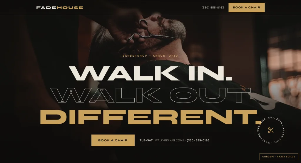 The Home page of the Fade House site.