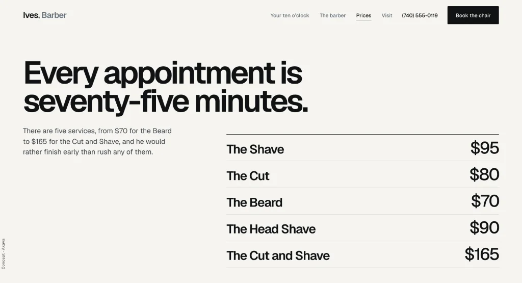 The Prices page of the Ives, Barber site.