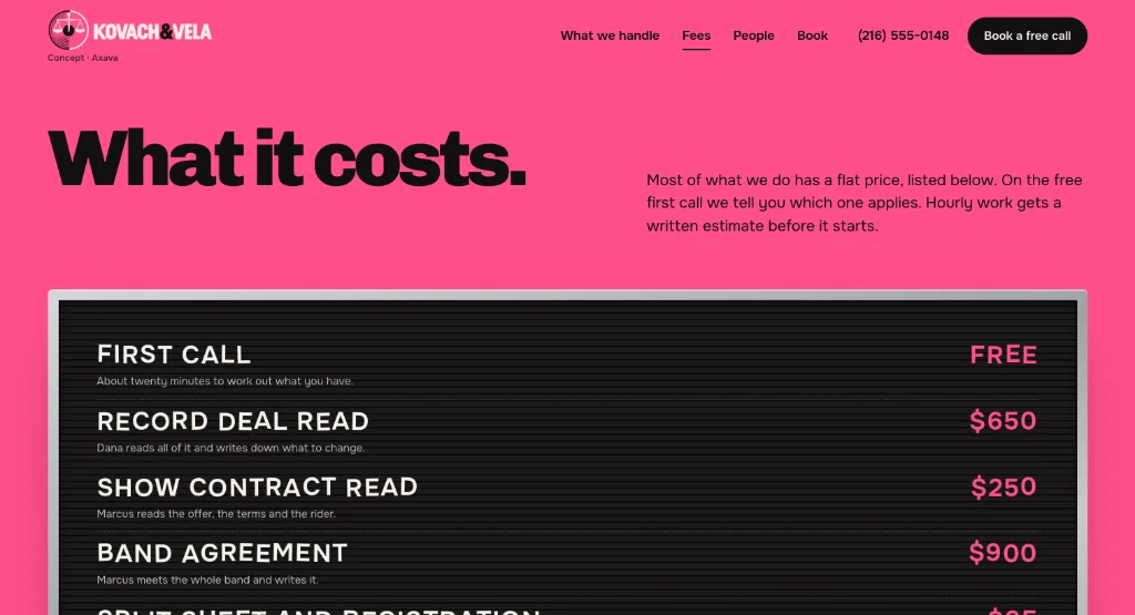 The Fees page of the Kovach & Vela site.