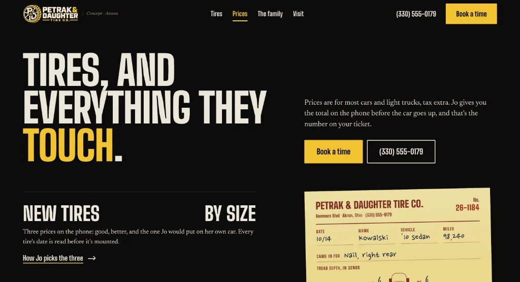 The Prices page of the Petrak & Daughter site.