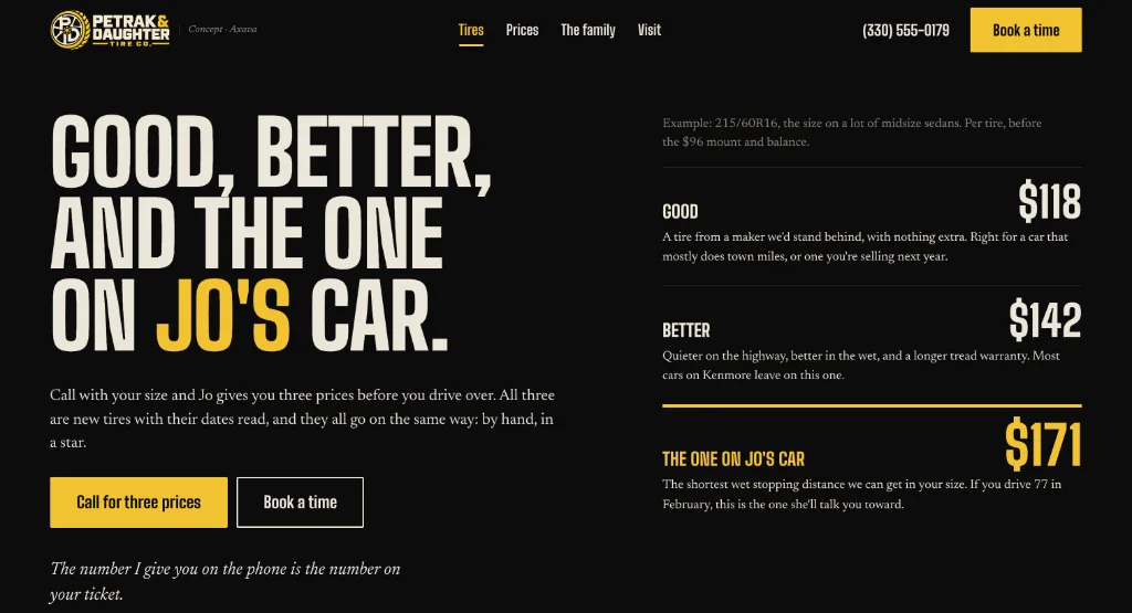 The Tires page of the Petrak & Daughter site.